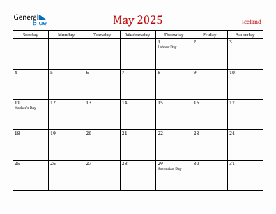 Current month calendar with Iceland holidays for May 2025