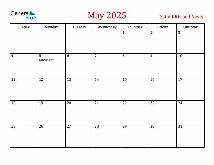 Saint Kitts and Nevis May 2025 Calendar - Sunday Start