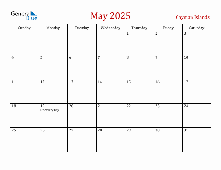 Cayman Islands May 2025 Calendar - Sunday Start