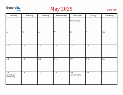 Current month calendar with Lesotho holidays for May 2025