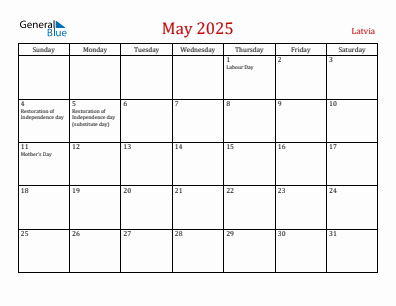 Current month calendar with Latvia holidays for May 2025