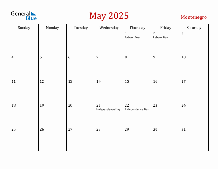 Montenegro May 2025 Calendar - Sunday Start