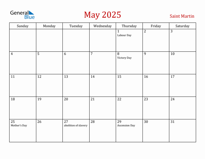 Saint Martin May 2025 Calendar - Sunday Start