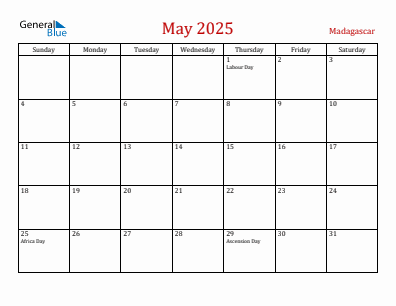 Current month calendar with Madagascar holidays for May 2025