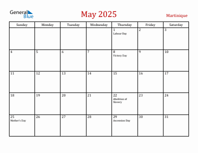 Current month calendar with Martinique holidays for May 2025