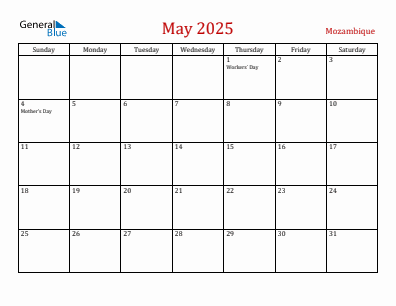 Current month calendar with Mozambique holidays for May 2025