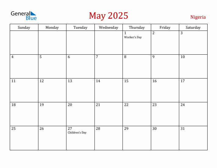 Nigeria May 2025 Calendar - Sunday Start