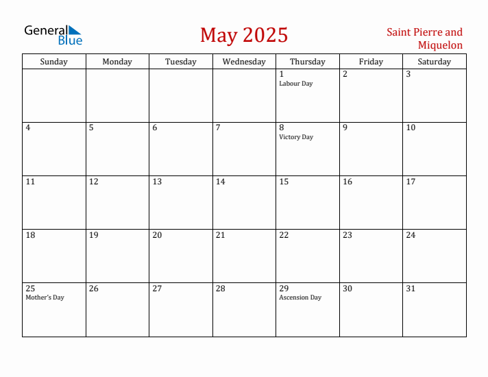 Saint Pierre and Miquelon May 2025 Calendar - Sunday Start