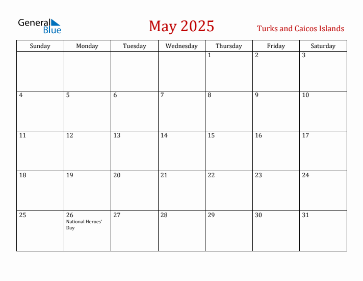 Turks and Caicos Islands May 2025 Calendar - Sunday Start