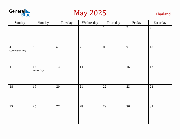 Thailand May 2025 Calendar - Sunday Start