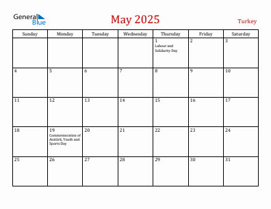 Current month calendar with Turkey holidays for May 2025