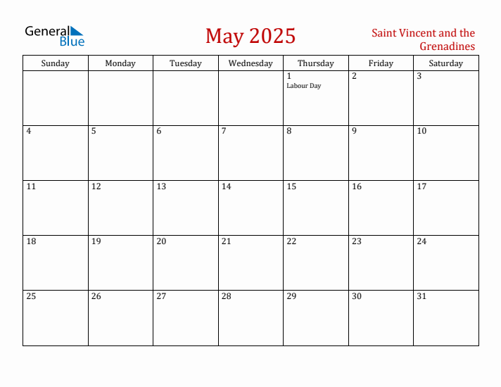 Saint Vincent and the Grenadines May 2025 Calendar - Sunday Start