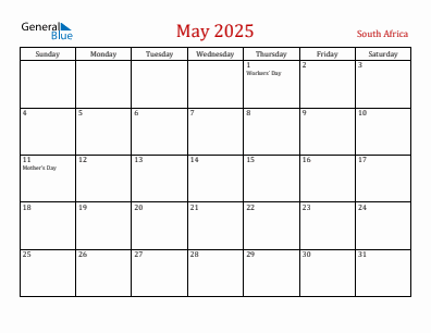 Current month calendar with South Africa holidays for May 2025
