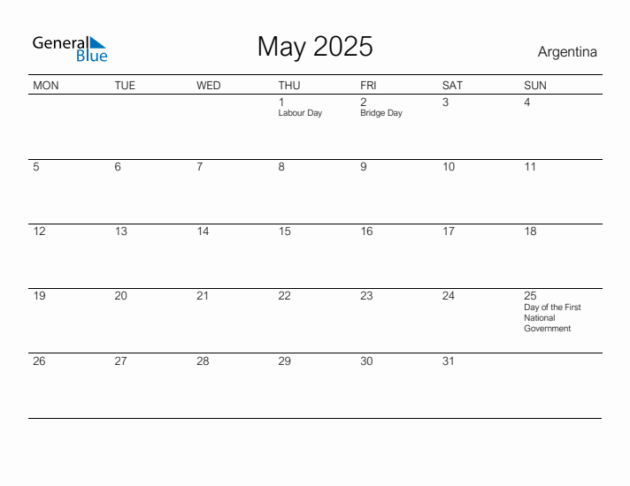 Printable May 2025 Calendar for Argentina