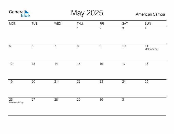 Printable May 2025 Calendar for American Samoa