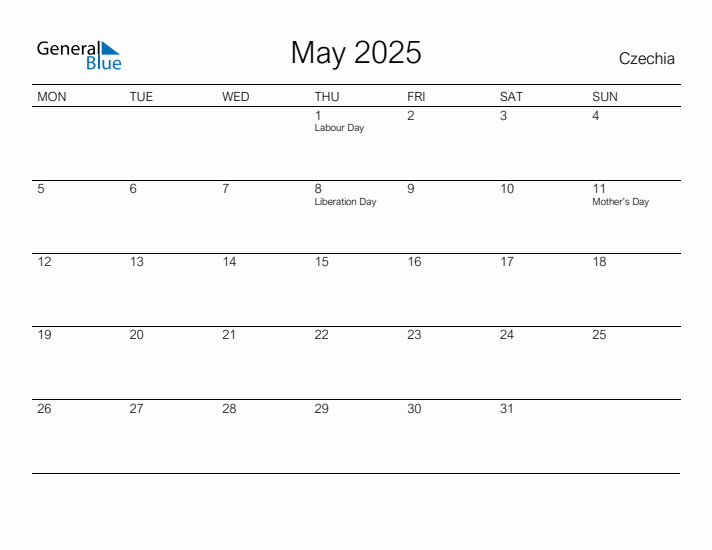 Printable May 2025 Calendar for Czechia