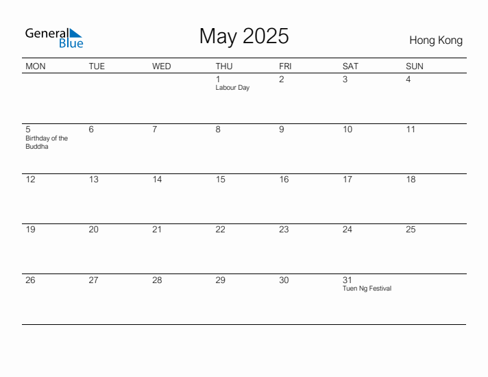 Printable May 2025 Calendar for Hong Kong