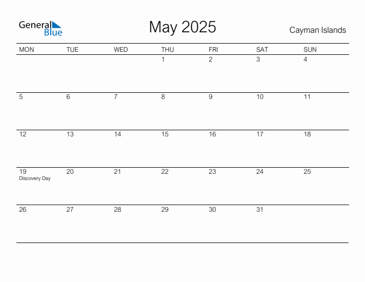 Printable May 2025 Calendar for Cayman Islands