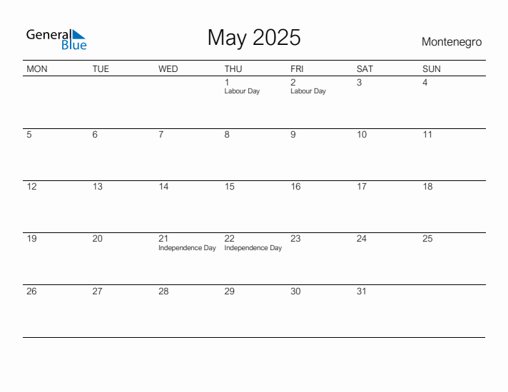 Printable May 2025 Calendar for Montenegro