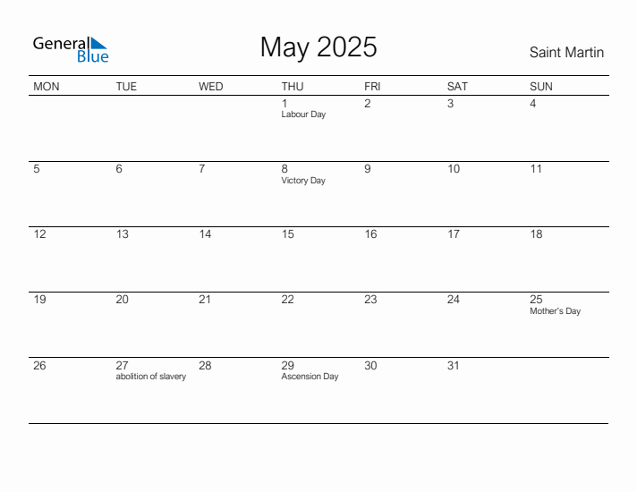 Printable May 2025 Calendar for Saint Martin