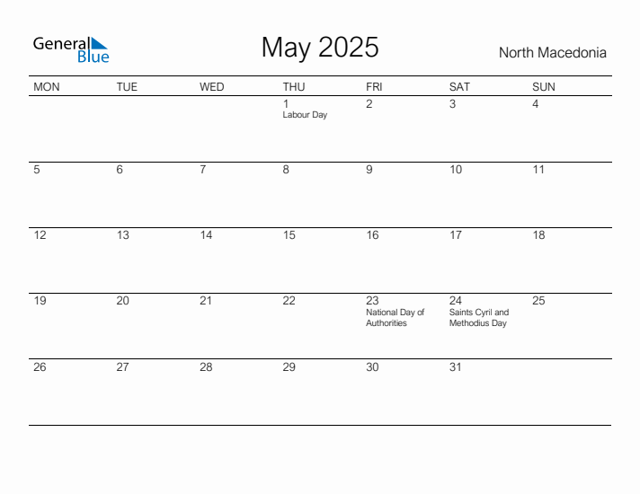 Printable May 2025 Calendar for North Macedonia