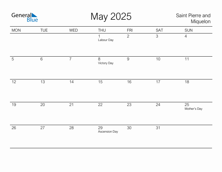 Printable May 2025 Calendar for Saint Pierre and Miquelon