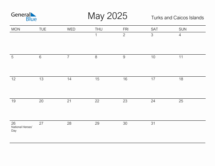 Printable May 2025 Calendar for Turks and Caicos Islands
