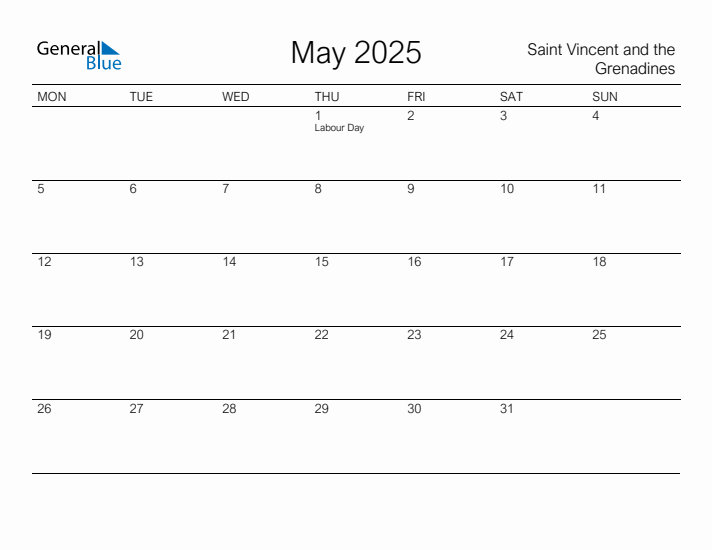 Printable May 2025 Calendar for Saint Vincent and the Grenadines