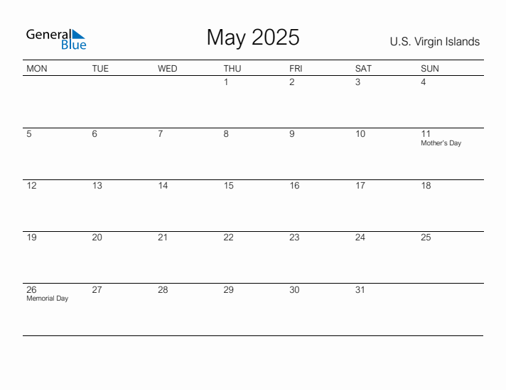 Printable May 2025 Calendar for U.S. Virgin Islands