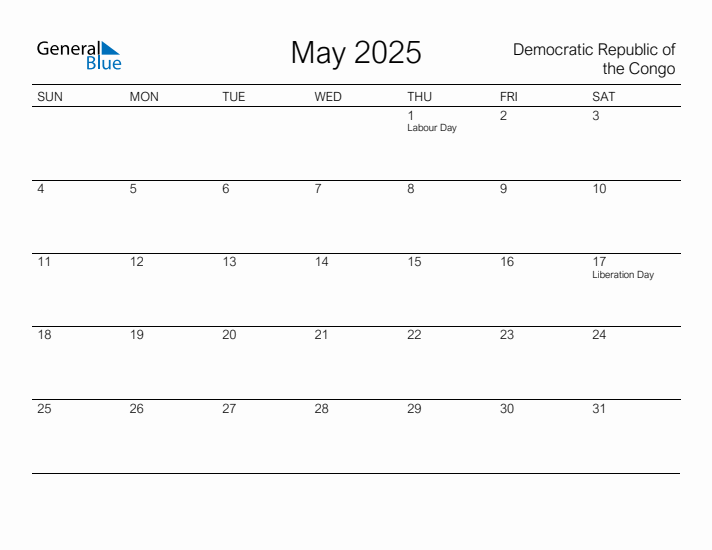 Printable May 2025 Calendar for Democratic Republic of the Congo