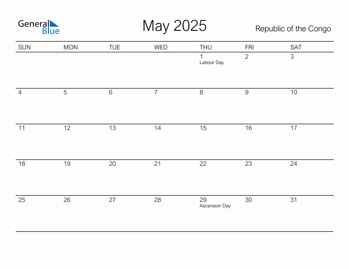 Printable May 2025 Calendar for Republic of the Congo