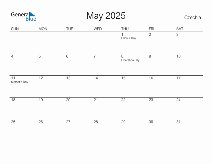 Printable May 2025 Calendar for Czechia
