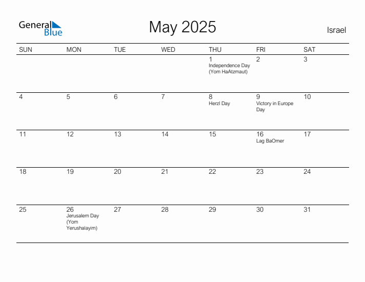 Printable May 2025 Calendar for Israel
