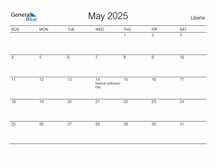 Printable May 2025 Calendar for Liberia