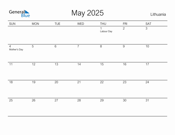 Printable May 2025 Calendar for Lithuania