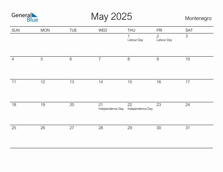 Printable May 2025 Calendar for Montenegro