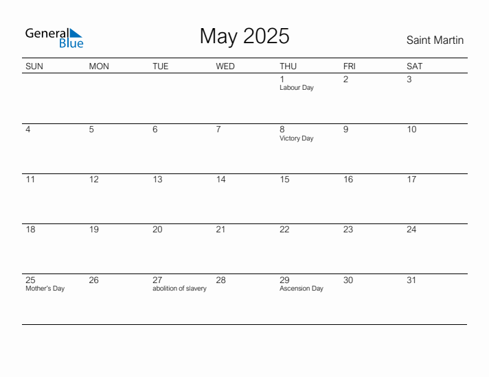 Printable May 2025 Calendar for Saint Martin