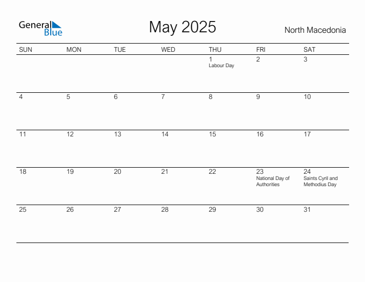Printable May 2025 Calendar for North Macedonia
