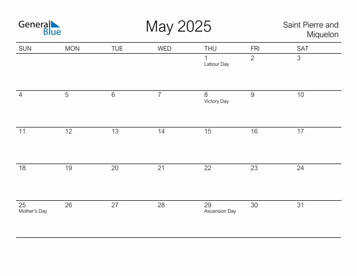 Printable May 2025 Calendar for Saint Pierre and Miquelon