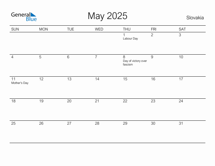 Printable May 2025 Calendar for Slovakia