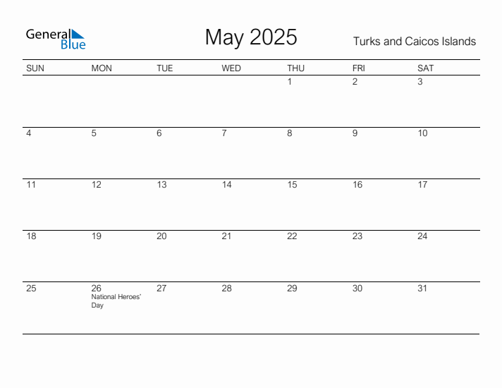 Printable May 2025 Calendar for Turks and Caicos Islands