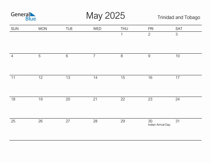 Printable May 2025 Calendar for Trinidad and Tobago