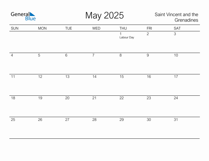 Printable May 2025 Calendar for Saint Vincent and the Grenadines