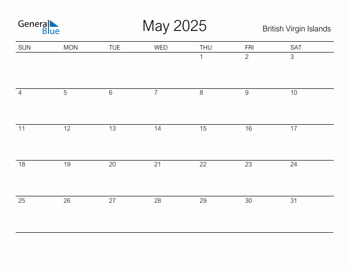 Printable May 2025 Calendar for British Virgin Islands