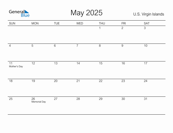 Printable May 2025 Calendar for U.S. Virgin Islands