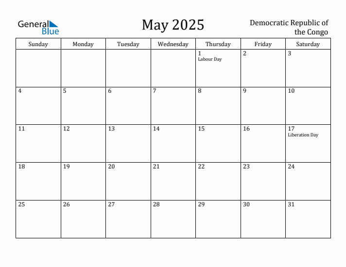 May 2025 Calendar Democratic Republic of the Congo