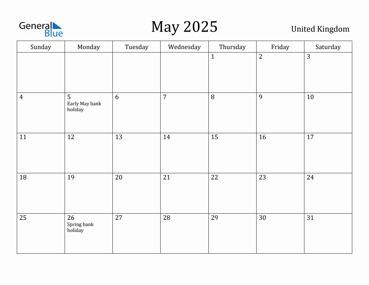 May 2025 monthly calendar with holidays in United Kingdom