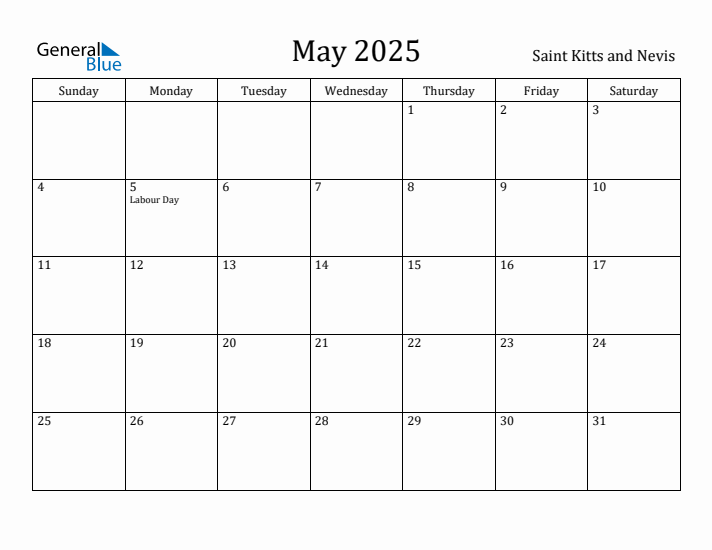 May 2025 Calendar Saint Kitts and Nevis