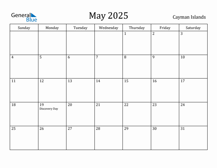 May 2025 Calendar Cayman Islands