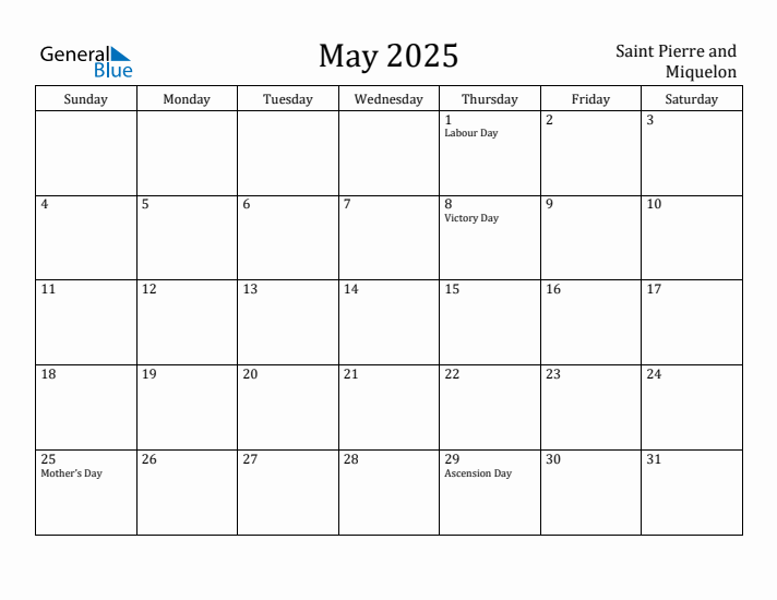 May 2025 Calendar Saint Pierre and Miquelon